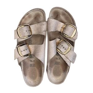 Birkenstocks: Rose Gold with gold buckles.